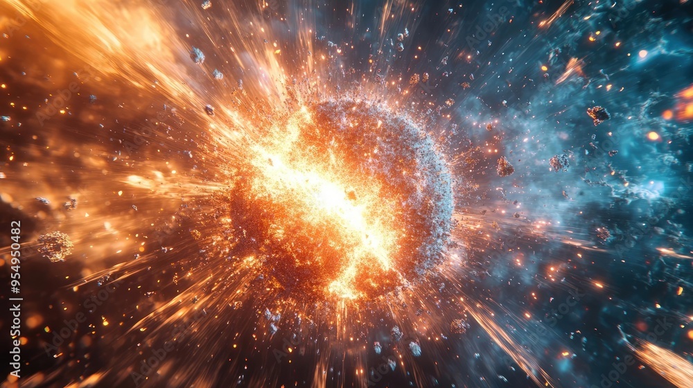 Exploding sphere of particles, with fragments flying in all directions, energy radiating from the center, 3D abstract Exploding sphere of particles, with fragments flying in all directions, energy radiating from the center, 3D abstract