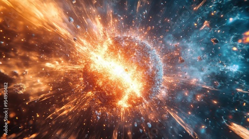 Wallpaper Mural Exploding sphere of particles, with fragments flying in all directions, energy radiating from the center, 3D abstract Torontodigital.ca