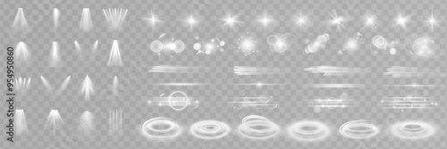 Starlight effect set and spotlight. Glow isolated white transparent light effect set, glitter, line, sun flash, dust, stars, sunlight, spotlight, swirl, spiral, portal or tunnel. Abstract
