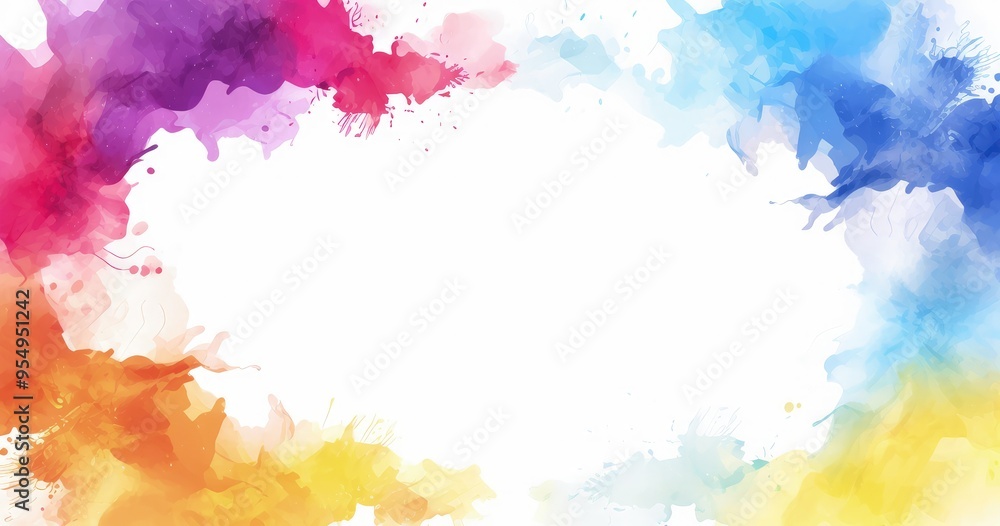 Obraz premium A vibrant watercolor splash background with a blank center, ideal for invitations or creative designs.