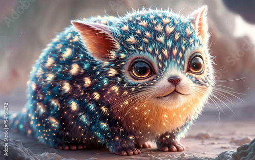 a close-up of a small, luminescent creature with intricate, patterned fur and glowing eyes, set against a softly blurred,otherworldly background