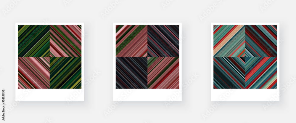 Variants of paper card with square checkered striped geometric patterns. Thin pink, blue, green stripes. Vector textured illustration