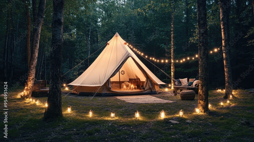 Camp at dusk with a tent illuminated by string lights, outdoor seating, and a serene forest backdrop, capturing the essence of relaxation Camp at dusk with a tent illuminated by string lights, outdoor seating, and a serene forest backdrop, capturing the essence of relaxation