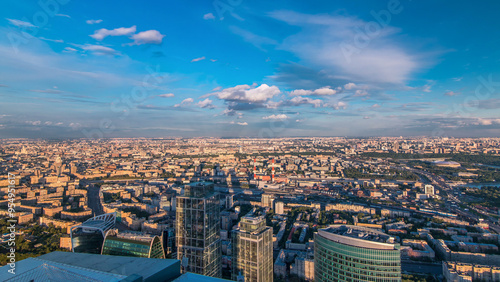 Photography Aerial top view of Moscow city timelapse at sunset