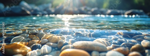 The crystal-clear water of the river flows over smooth pebbles, creating ripples and a beautiful scene. The sunlight shines on them through the blue sky, creating beautiful reflections on their surfac photo