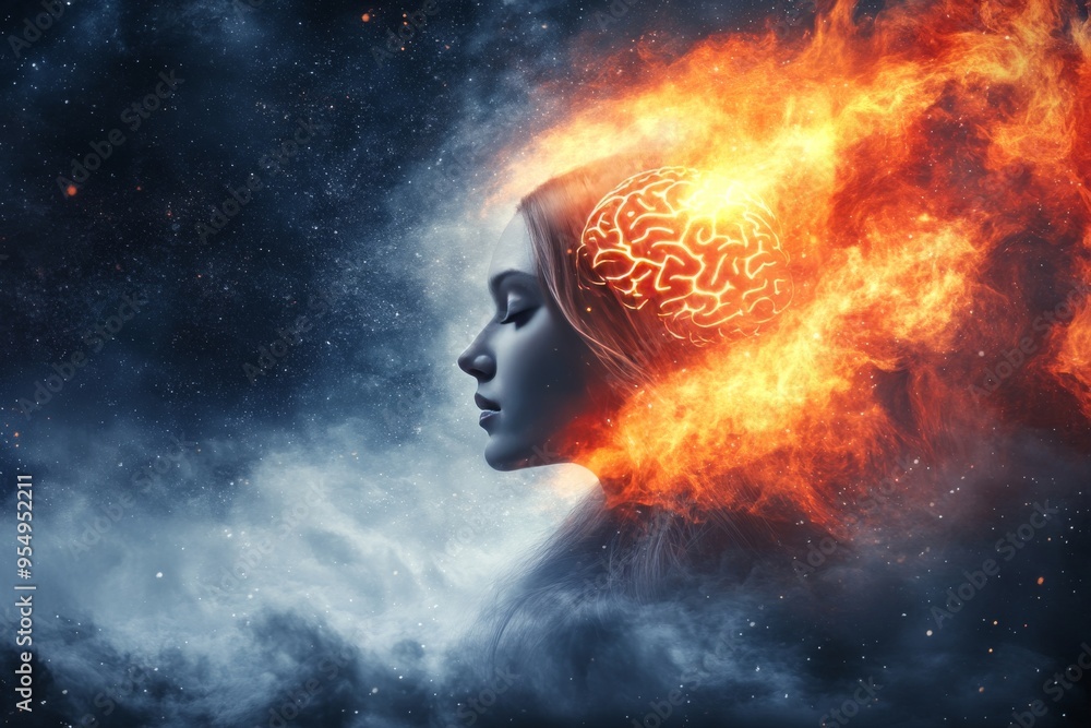 Locus coeruleus Neural synchronization Explosive visualization of a woman with a fiery brain symbolizing intense energy passion and the explosion of ideas in a futuristic setting Locus coeruleus Neural synchronization Explosive visualization of a woman with a fiery brain symbolizing intense energy passion and the explosion of ideas in a futuristic setting
