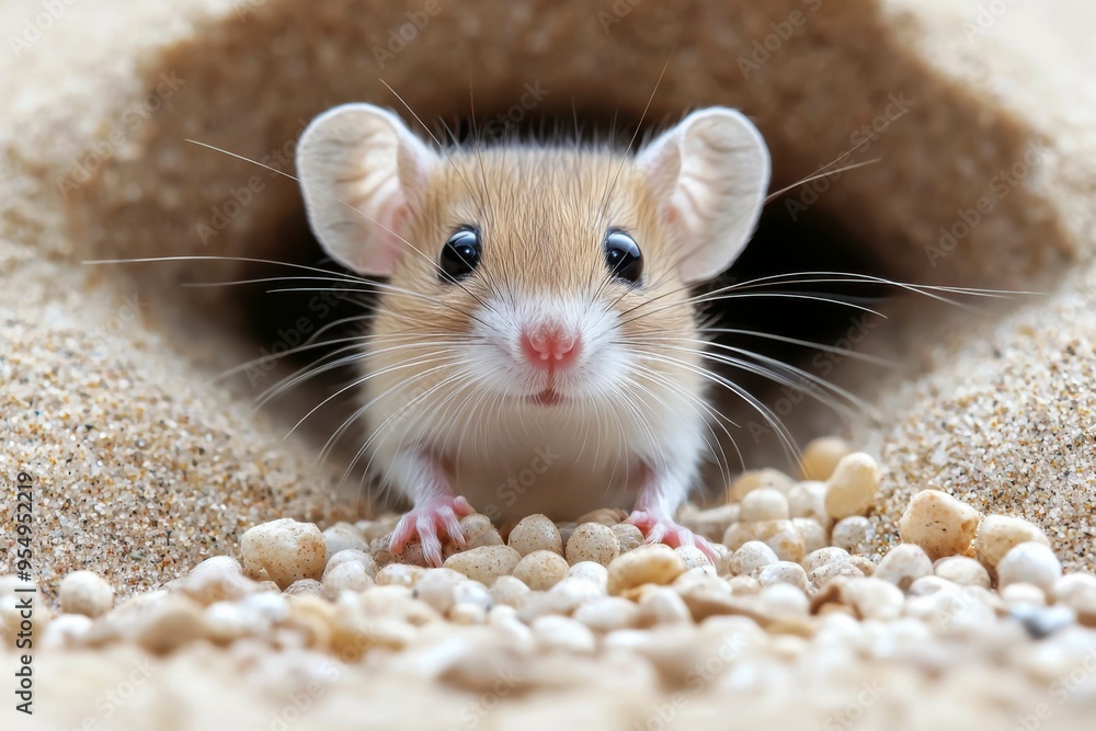 Curious Mouse Peeking Out of a Sand Hole Curious Mouse Peeking Out of a Sand Hole