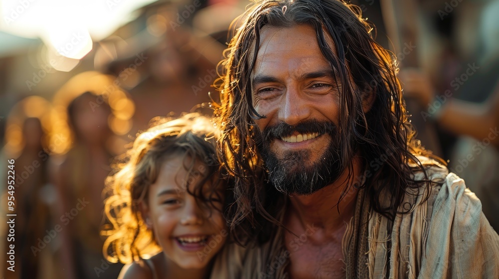 Joyful moments shared between a man and a child during sunset in a vibrant village gathering. Generative AI Joyful moments shared between a man and a child during sunset in a vibrant village gathering. Generative AI