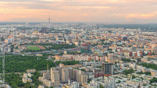 Photography Aerial top view of Moscow city timelapse at sunset