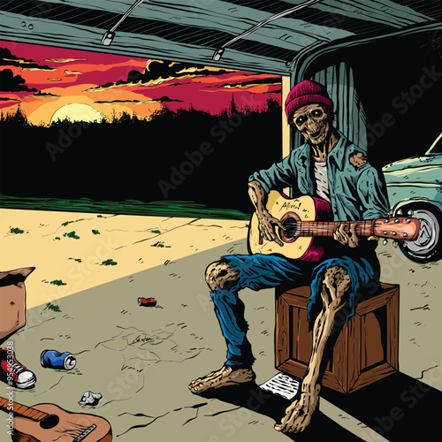 Zombie musician is playing his last song in apocalypse world in garage vectors art