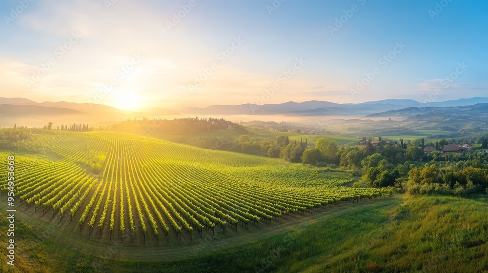 Fototapeta premium Vineyard Landscape with Golden Sunrise and Rolling Hills