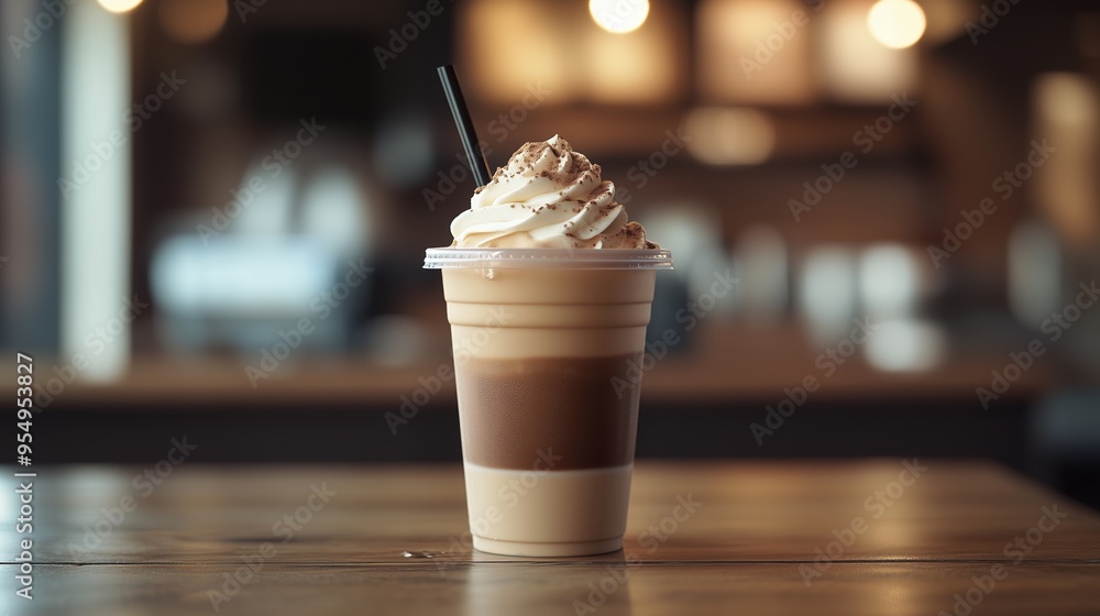 A refreshing coffee beverage topped with whipped cream on a wooden table in a cozy cafe setting during the afternoon A refreshing coffee beverage topped with whipped cream on a wooden table in a cozy cafe setting during the afternoon