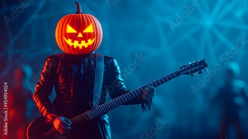 Glowing Pumpkin Costume-Clad Electric Guitarist Performing on Stage at Halloween Concert