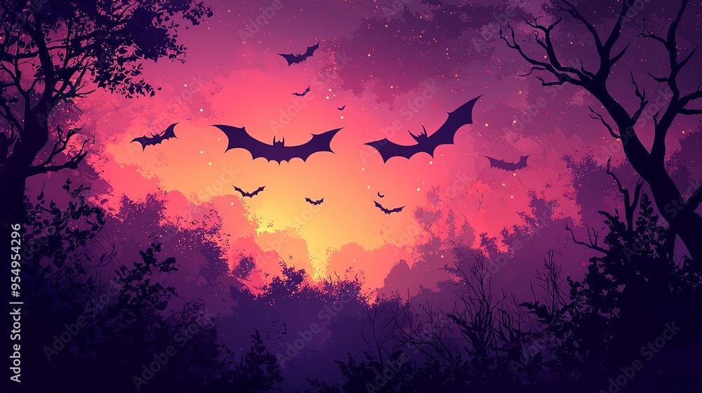 Silhouetted bats flying over an eerie forest with a sunset sky, creating a dramatic and mysterious scene with shades of purple and red in the atmospheric lighting. Silhouetted bats flying over an eerie forest with a sunset sky, creating a dramatic and mysterious scene with shades of purple and red in the atmospheric lighting.