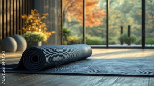 Modern yoga mat, with a textured surface, non-slip backing, and carry strap, 3D product visualization photo