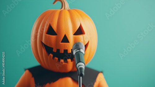 Pumpkin-Clad Lead Singer Performing on Halloween Concert Stage