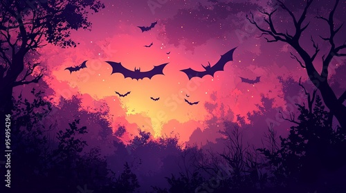 Silhouetted bats flying over an eerie forest with a sunset sky, creating a dramatic and mysterious scene with shades of purple and red in the atmospheric lighting.