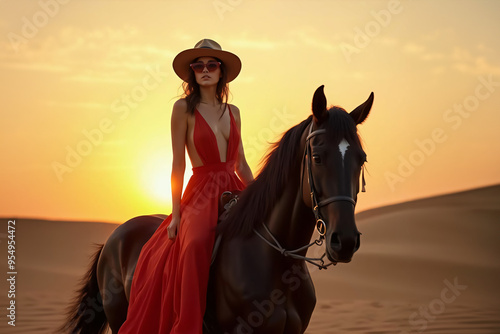 woman with hat and sunglasses riding a horse in the sunset desert photo