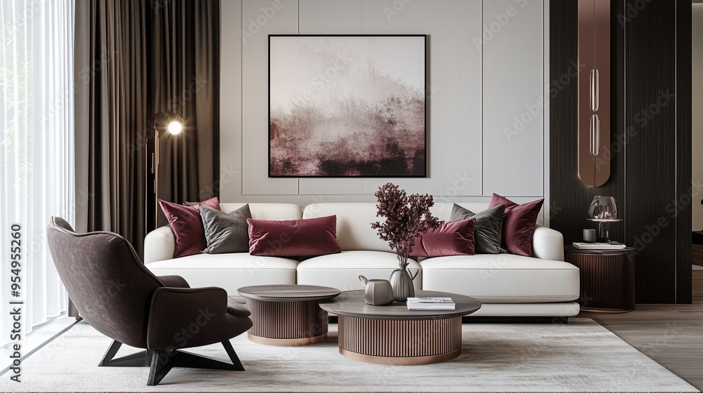 Fototapeta premium living room interior in neutral tones with purple and dark accents
