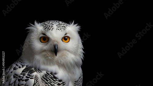 white owl portrait against black panoramic background with empty space