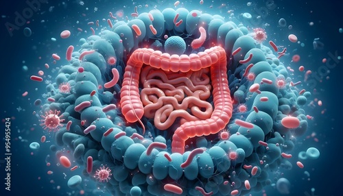 Microscopic View of Gut Bacteria Illustrating Leaky Gut Prevention through Healthy Gut Barrier and Probiotic Interaction, Highlighting Protective Mechanisms Against Gastrointestinal Disorders