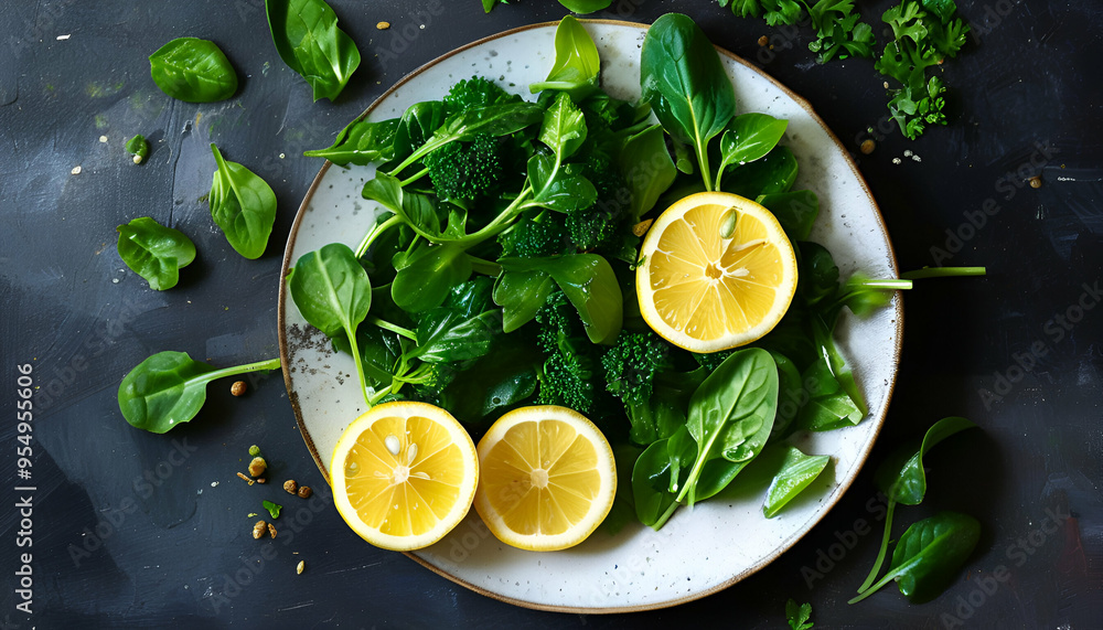 leafy greens arranged on a plate with lemon slices leafy greens arranged on a plate with lemon slices