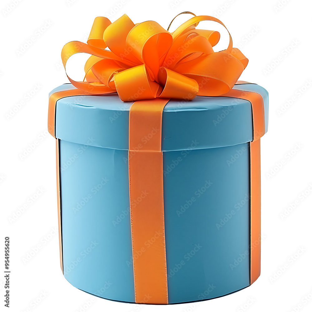 Blue Round Gift Box with Orange Ribbon Bow Blue Round Gift Box with Orange Ribbon Bow