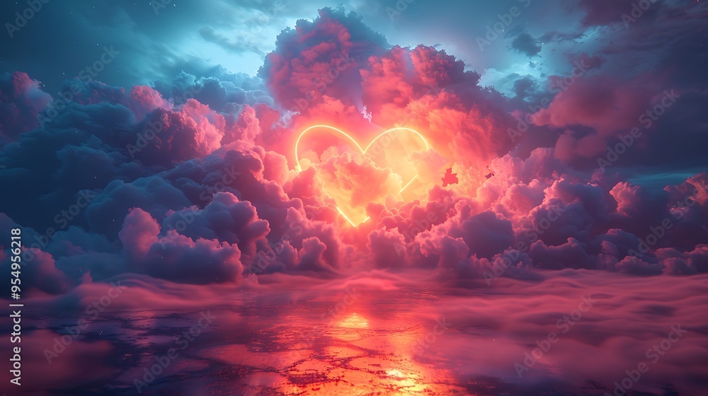 A glowing heart shaped light shines through the clouds at sunset. A glowing heart shaped light shines through the clouds at sunset.
