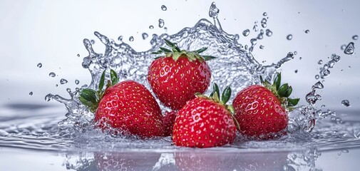Crédence de cuisine  Close-up of strawberries breaking through a water splash, captured in high-speed detail, clean and vibrant imagery  © JP STUDIO LAB