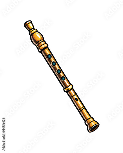 Editable stroke vector illustration of a golden flute with five finger holes.