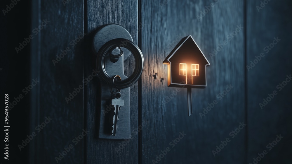 Fototapeta premium A wooden door with a glowing house keyhole illuminates the entryway at dusk, creating a warm ambiance for homecoming