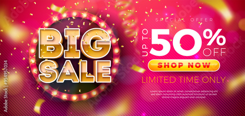 Shopping Day Sale Banner Design with Stage Podium and Light Bulb Billboard on Falling Confetti Background. Vector Special Offer Campaign Discount Illustration for Coupon, Voucher, Banner, Flyer