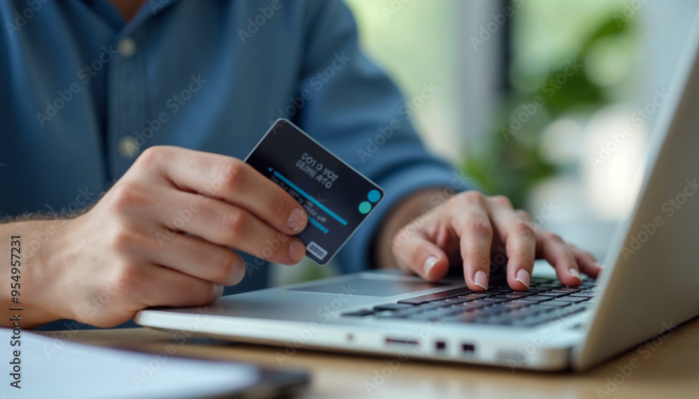 TheClose-up photo of a part of the body, young hands of a man in a blue shirt sitting at a table, holding a credit card and typing on a laptop keyboard TheClose-up photo of a part of the body, young hands of a man in a blue shirt sitting at a table, holding a credit card and typing on a laptop keyboard