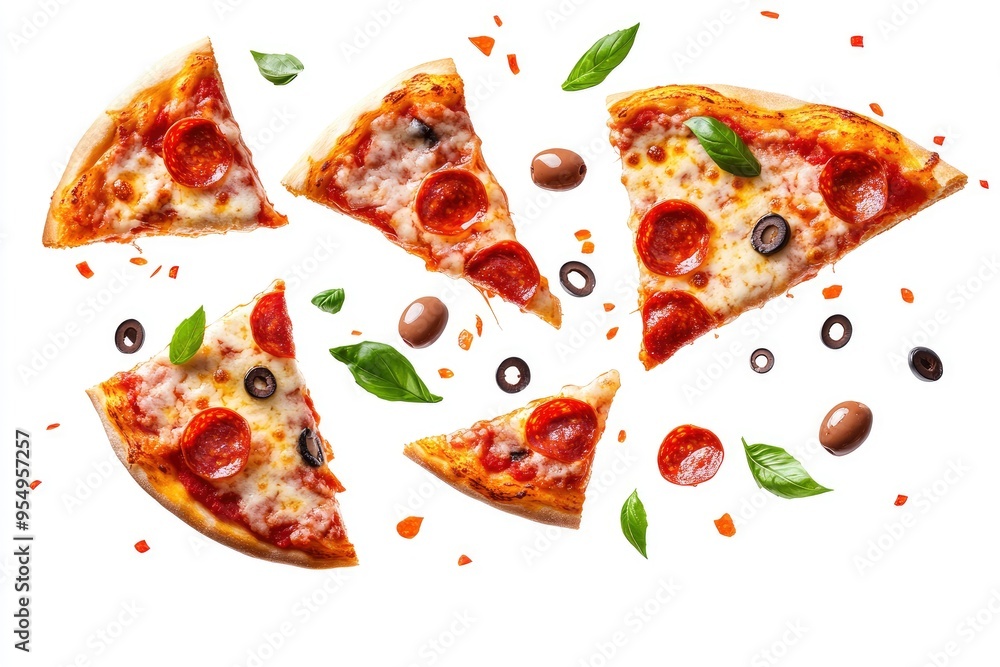 Pizza slices flying, isolated on white background. Delicious peperoni pizza slices pepperonis and olives, floating pizza pieces with melting cheese with basil leaves flying. Italian style pizza, ai Pizza slices flying, isolated on white background. Delicious peperoni pizza slices pepperonis and olives, floating pizza pieces with melting cheese with basil leaves flying. Italian style pizza, ai