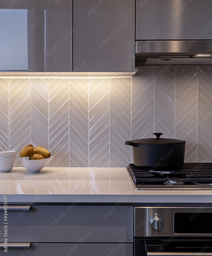 Modern Chevron-patterned ceramic tile backsplash in a sleek kitchen, stainless steel appliances and white countertops Modern Chevron-patterned ceramic tile backsplash in a sleek kitchen, stainless steel appliances and white countertops