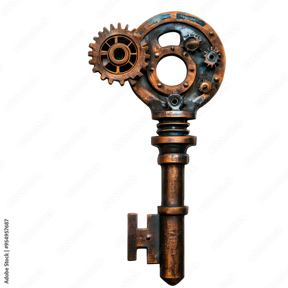 Obraz premium An ornate steampunk key featuring gears and intricate details, perfect for themes of adventure and mystery.