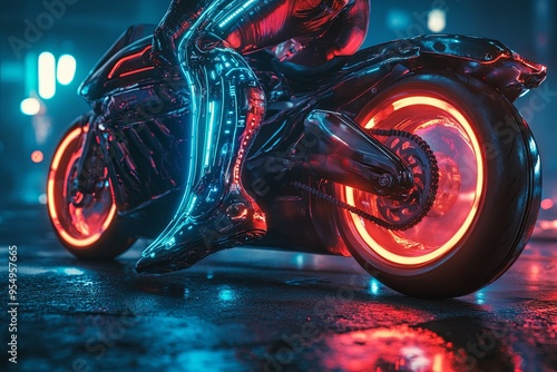 Cyberpunk Racer with Bionic Legs Ready to Race on a Futuristic Bike at an Underground Event, Bike with Holographic Decals and Neon Lights, Racer's Legs Glowing with Speed and Agility photo