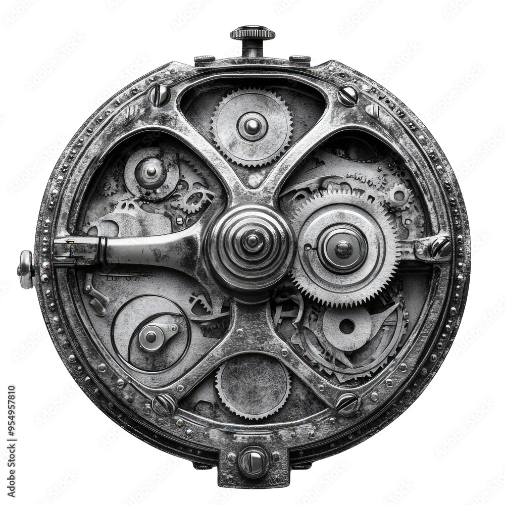 Naklejka premium Intricate clockwork mechanism showcasing precision gears and cogs in a vintage design, ideal for steampunk aesthetics.
