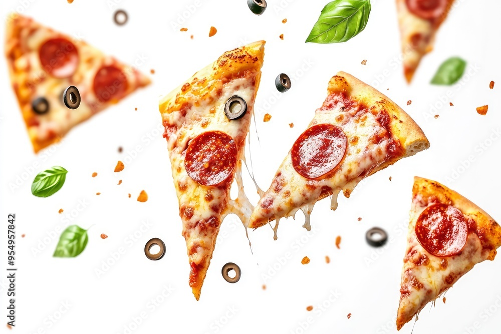 Pizza slices flying, isolated on white background. Delicious peperoni pizza slices pepperonis and olives, floating pizza pieces with melting cheese with basil leaves flying. Italian style pizza, ai Pizza slices flying, isolated on white background. Delicious peperoni pizza slices pepperonis and olives, floating pizza pieces with melting cheese with basil leaves flying. Italian style pizza, ai