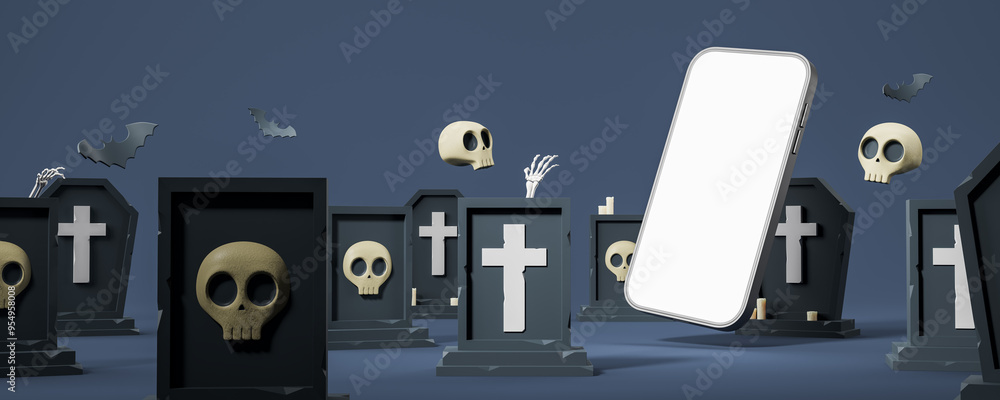 Smartphone mock up display, graveyard with tombstone and cross Smartphone mock up display, graveyard with tombstone and cross
