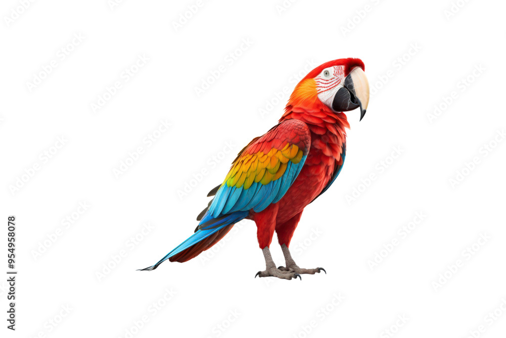 A scarlet macaw on a white background. Suitable for animal-themed designs, posters, and educational materials about birds A scarlet macaw on a white background. Suitable for animal-themed designs, posters, and educational materials about birds