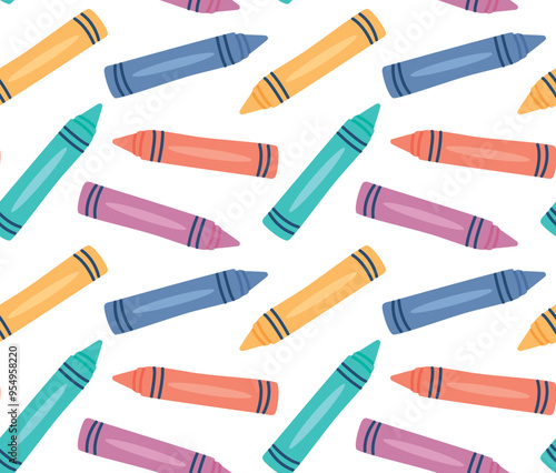 Seamless pattern with cartoon colorful wax pencils. Vector colorful background in flat style with crayons.