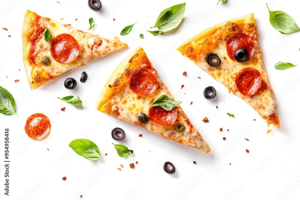 Pizza slices flying, isolated on white background. Delicious peperoni pizza slices pepperonis and olives, floating pizza pieces with melting cheese with basil leaves flying. Italian style pizza, ai Pizza slices flying, isolated on white background. Delicious peperoni pizza slices pepperonis and olives, floating pizza pieces with melting cheese with basil leaves flying. Italian style pizza, ai