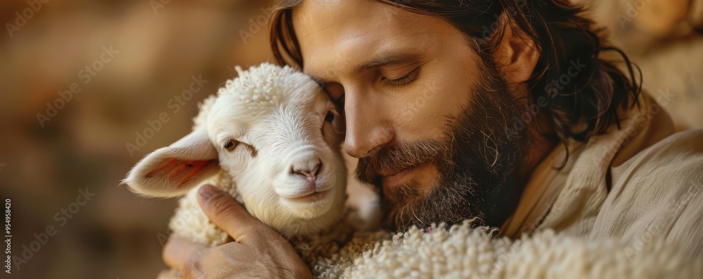 Serene image of Jesus Christ holding a gentle lamb, symbolizing peace and care. Free copy space for text.