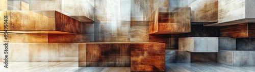 Stacked cubes with shifting perspectives, each layer a different material, like wood, metal, and glass, 3D abstract photo