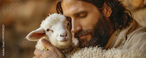 Obraz na płótnie Serene image of Jesus Christ holding a gentle lamb, symbolizing peace and care. Free copy space for text. w salonie