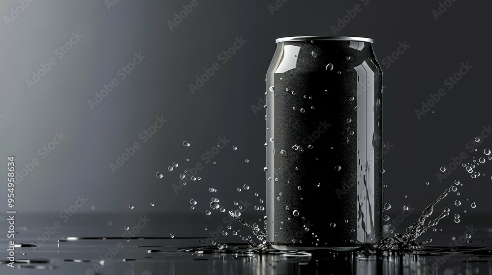 Black Aluminum Can with Water Droplets and Splash Black Aluminum Can with Water Droplets and Splash