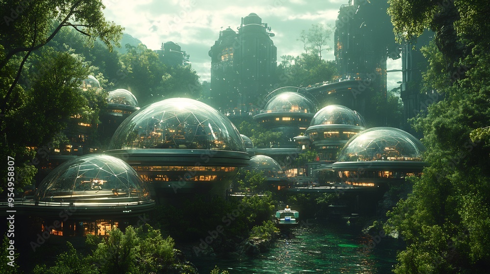 Concept art of futuristic underwater research facility with glass domes ...