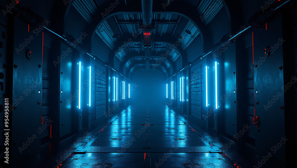 Neon-Lit Cyber Hangar with Metal Panels and Laser Lights in a 360-Degree Dark Tunnel View Neon-Lit Cyber Hangar with Metal Panels and Laser Lights in a 360-Degree Dark Tunnel View