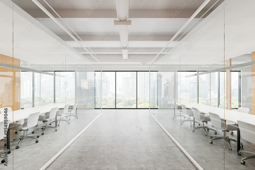 Modern office meeting room interior with table and seats, panoramic window Modern office meeting room interior with table and seats, panoramic window